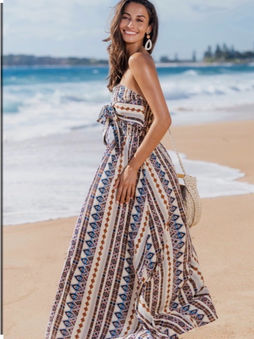 Boho Strapless Maxi Dress in White & Blue